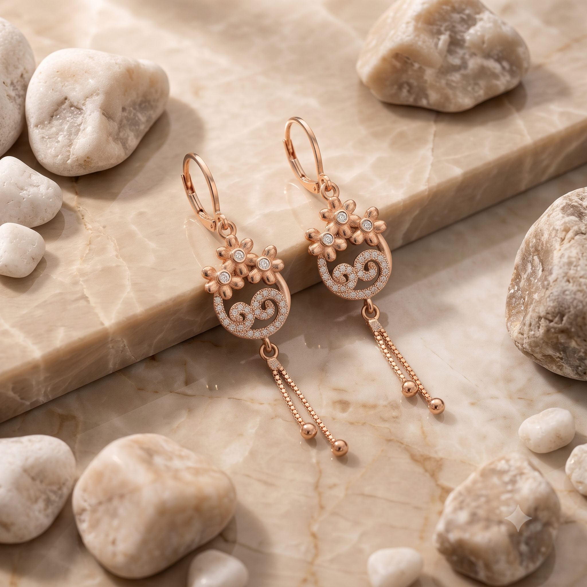 Rose Gold Floral Dangle Earrings