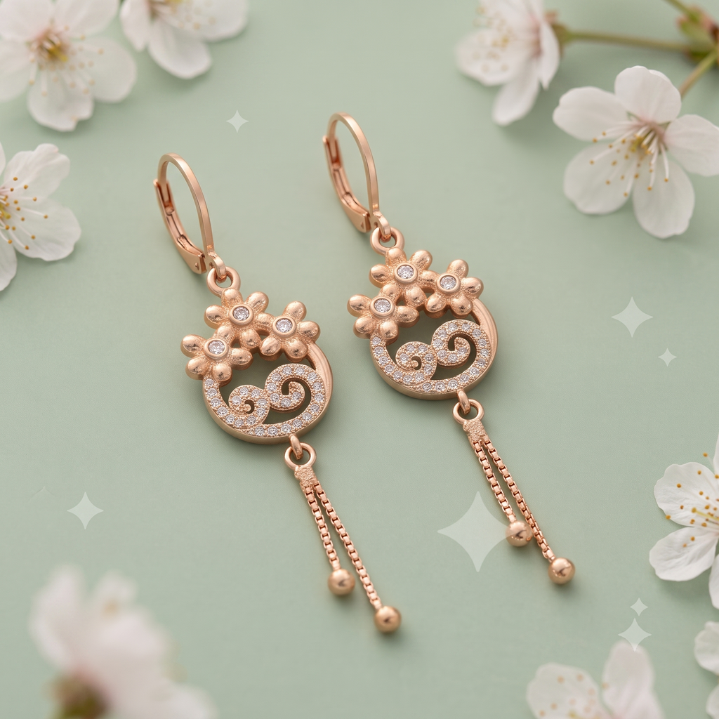 Rose Gold Floral Dangle Earrings