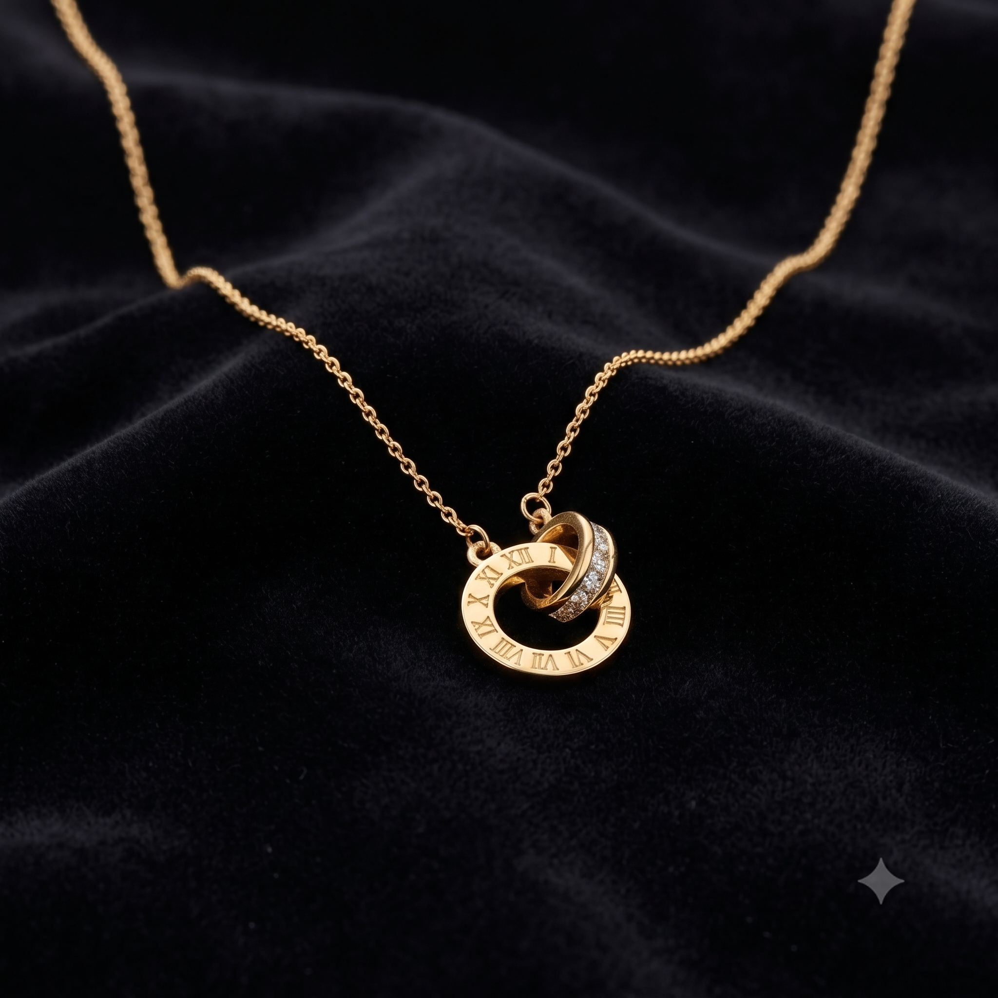 Gold Roman Numeral Interlocking Rings Pendant Necklace