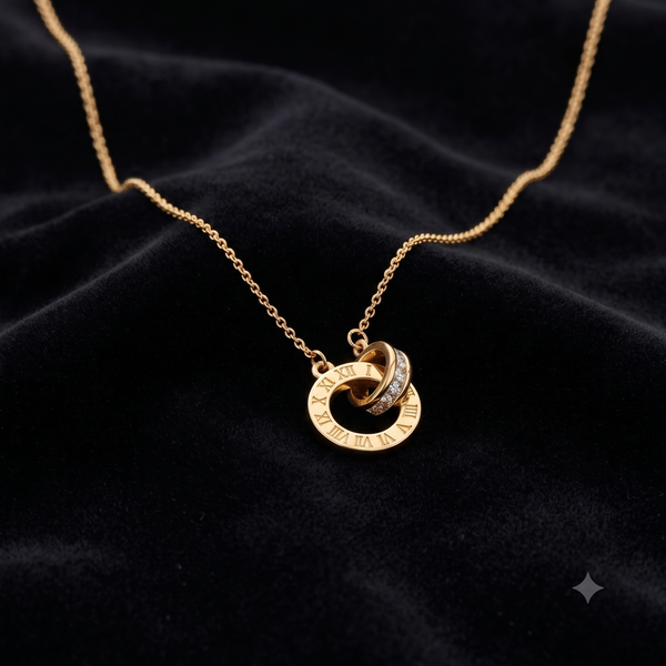 Gold Roman Numeral Interlocking Rings Pendant Necklace