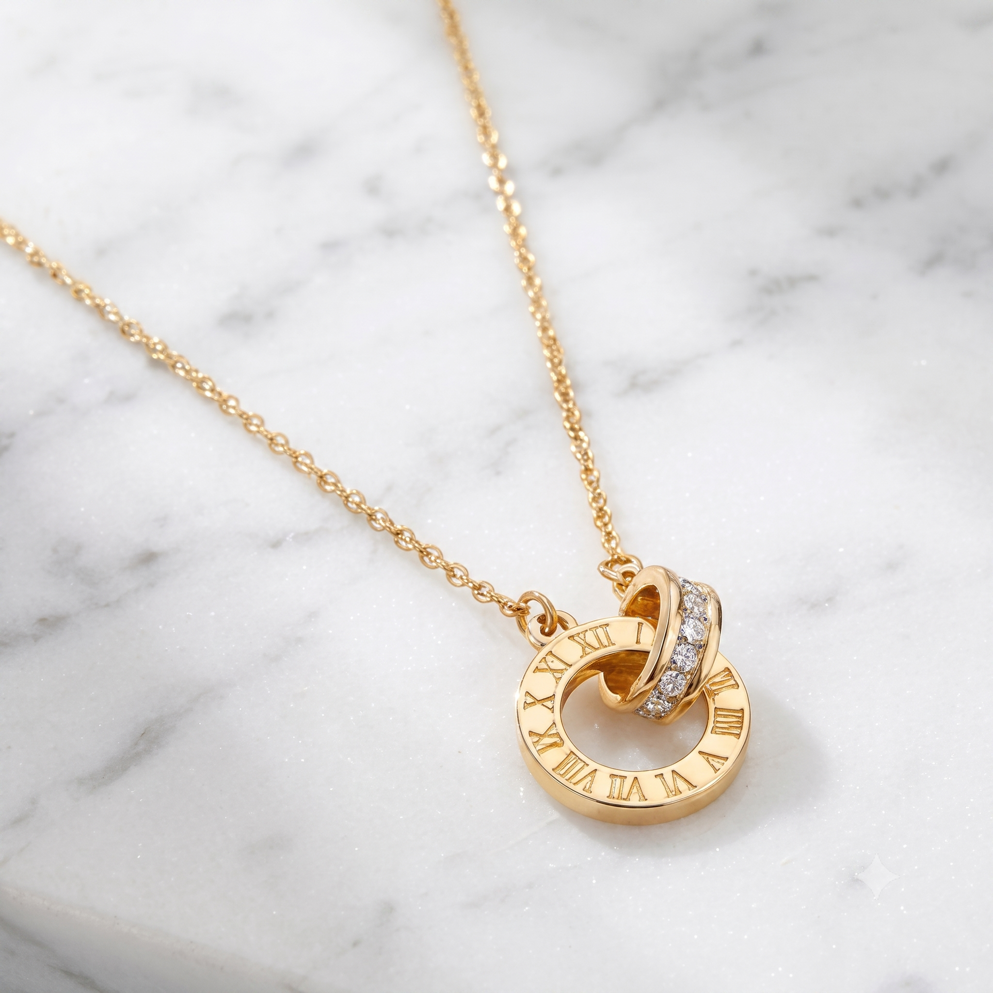 Gold Roman Numeral Interlocking Rings Pendant Necklace