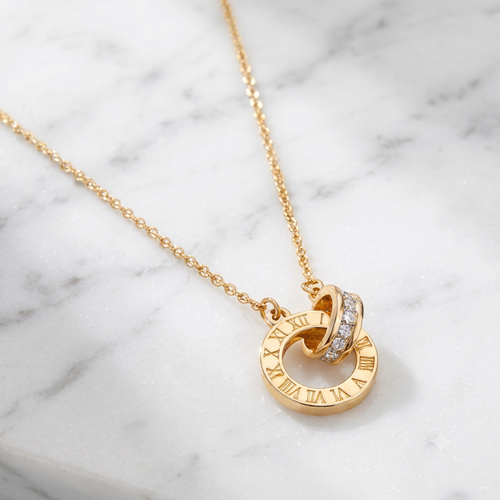 Gold Roman Numeral Interlocking Rings Pendant Necklace