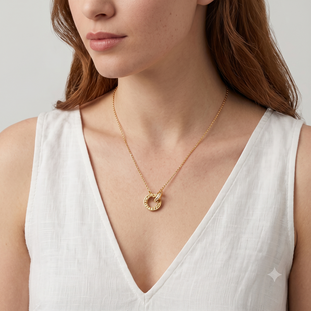 Gold Roman Numeral Interlocking Rings Pendant Necklace