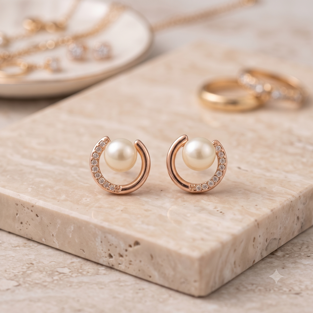 Rose Gold Pearl Circle Stud Earrings