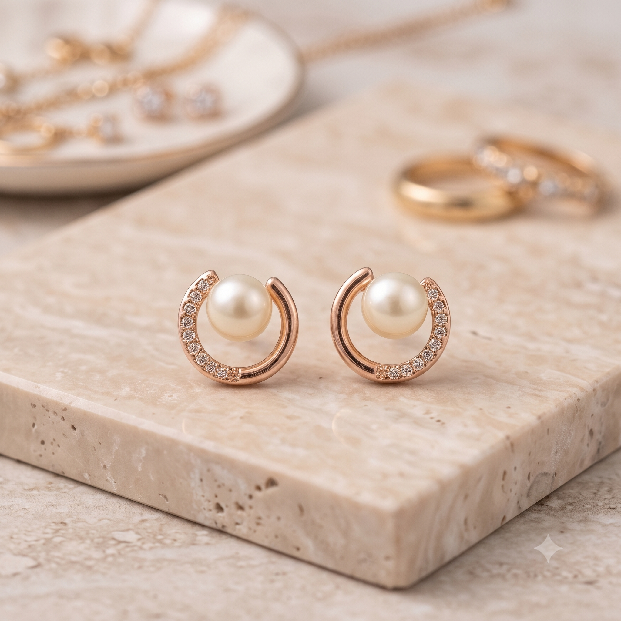Rose Gold Pearl Circle Stud Earrings