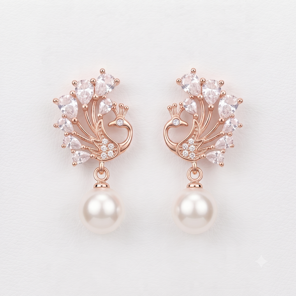 Rose Gold Peacock Pearl Drop Earrings
