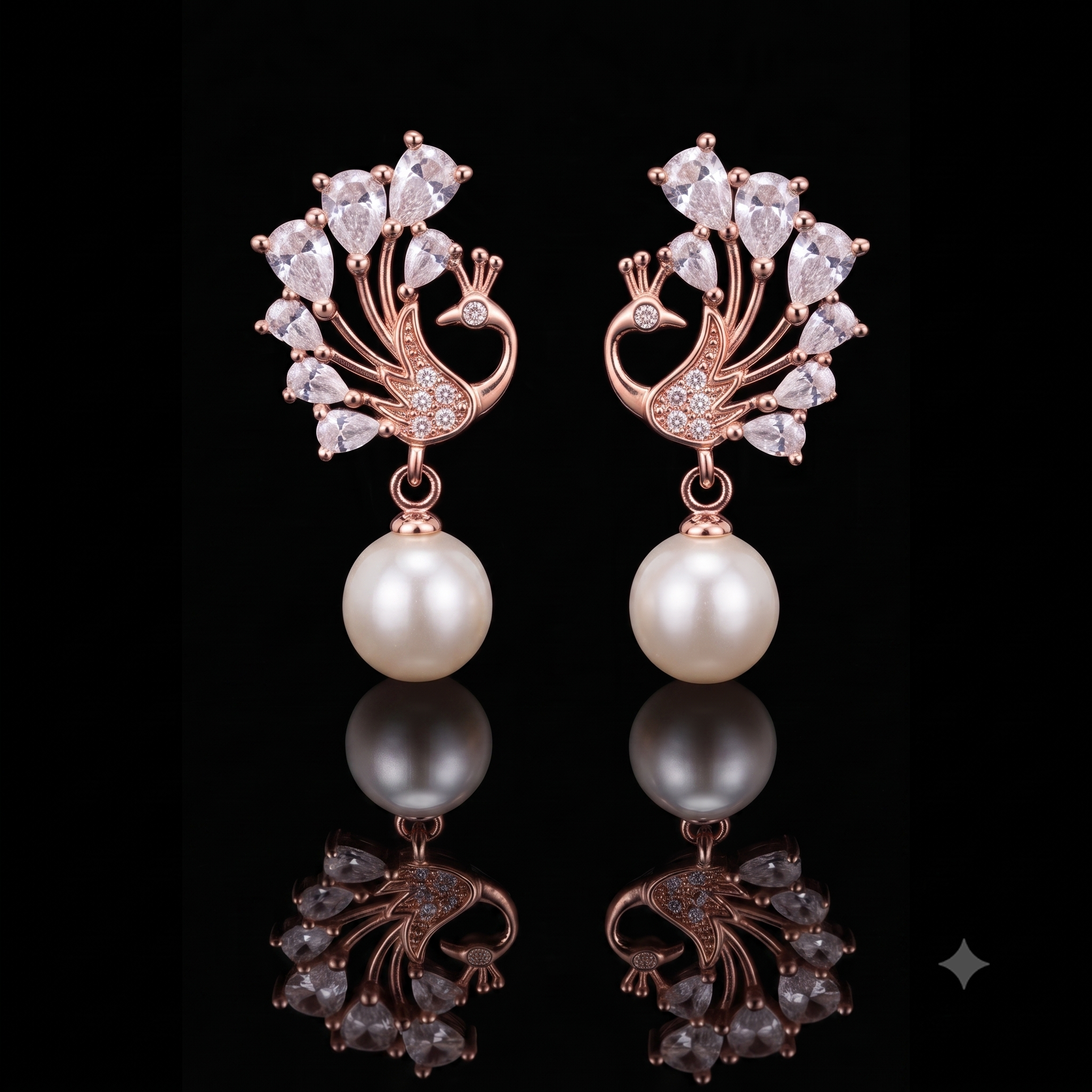Rose Gold Peacock Pearl Drop Earrings