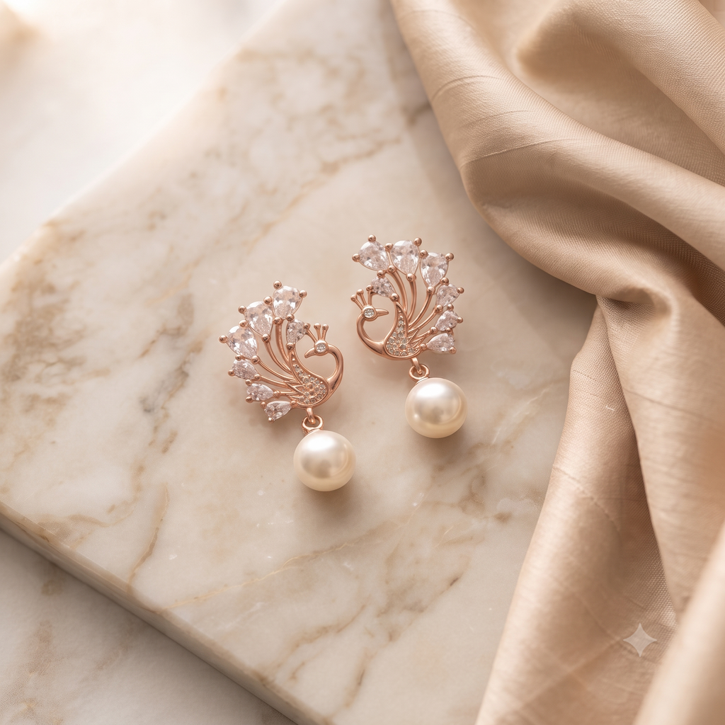 Rose Gold Peacock Pearl Drop Earrings
