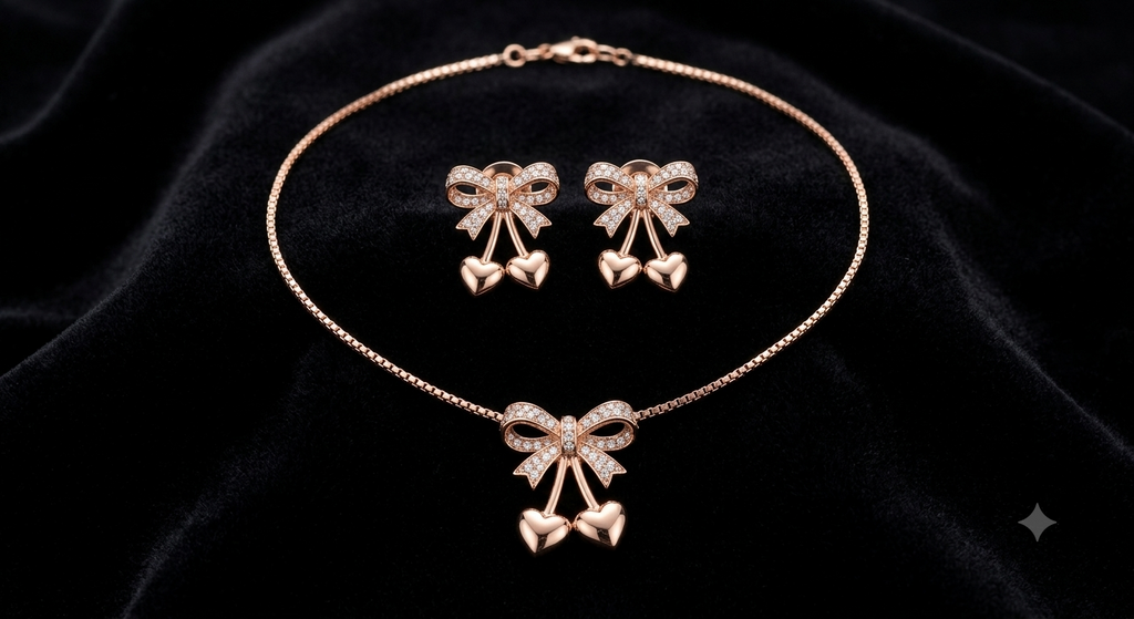 Rose Gold Bow & Heart Jewelry Set