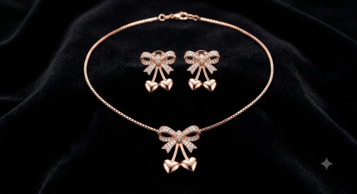 Rose Gold Bow & Heart Jewelry Set