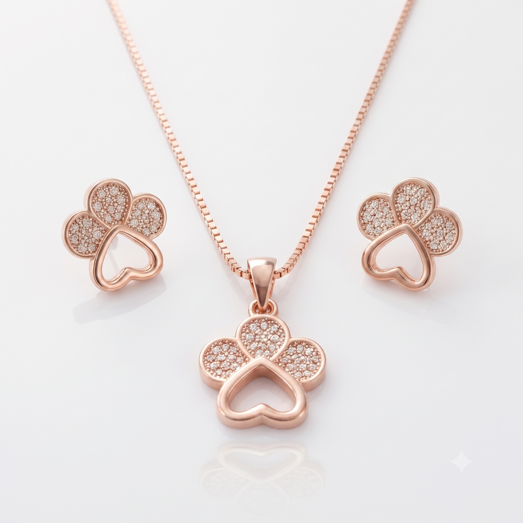 Rose Gold Heart & Clover Necklace & Earrings Set