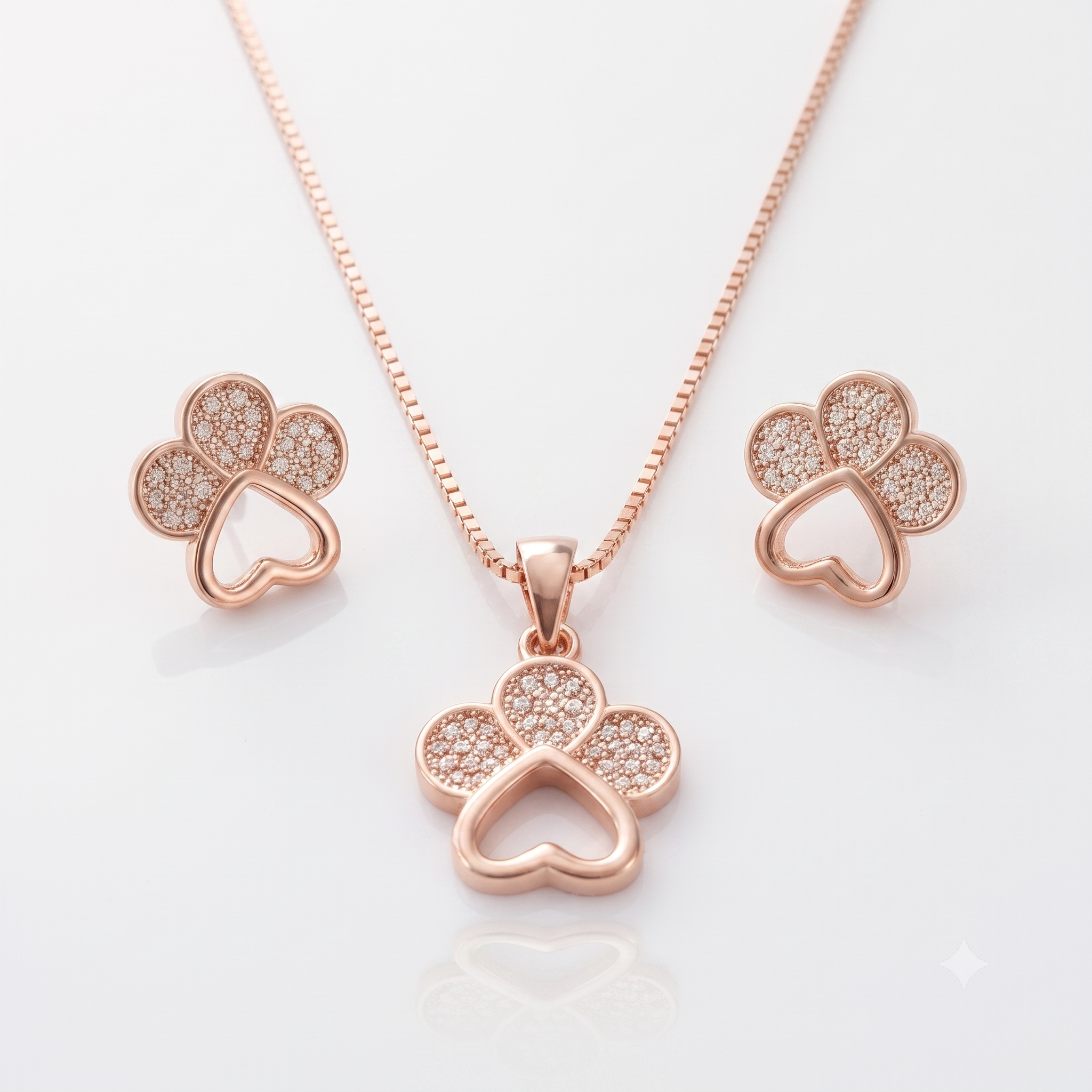 Rose Gold Heart & Clover Necklace & Earrings Set