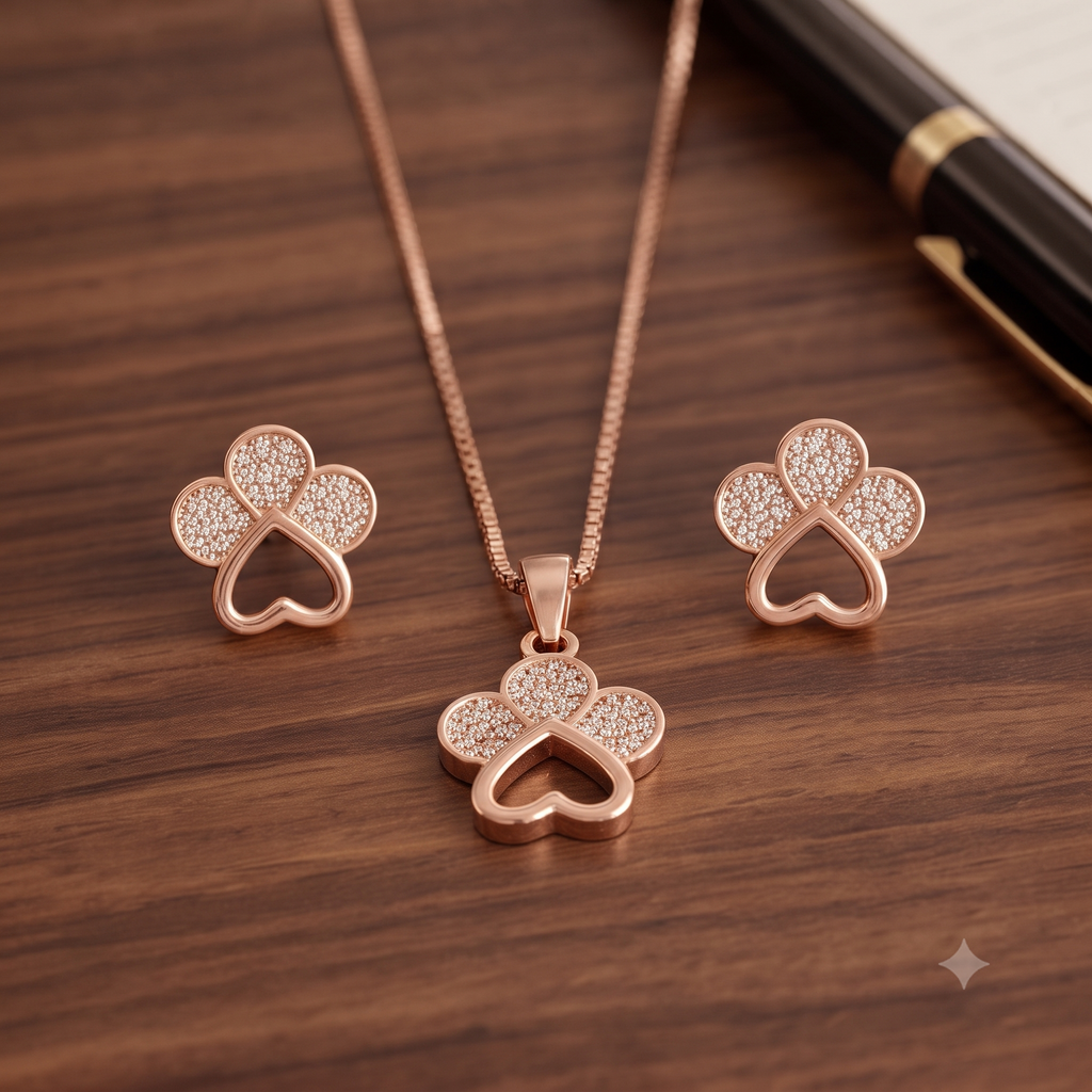 Rose Gold Heart & Clover Necklace & Earrings Set