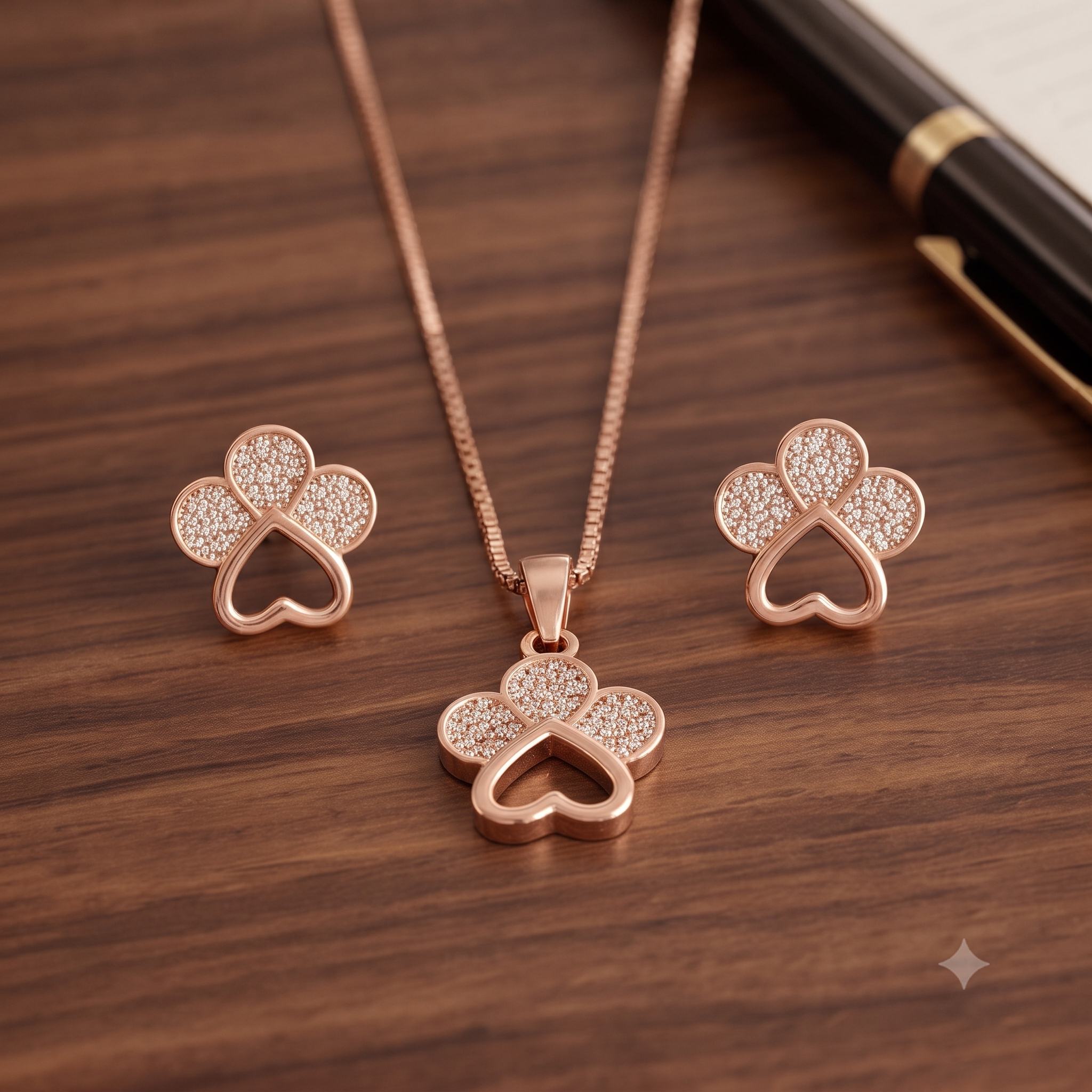 Rose Gold Heart & Clover Necklace & Earrings Set