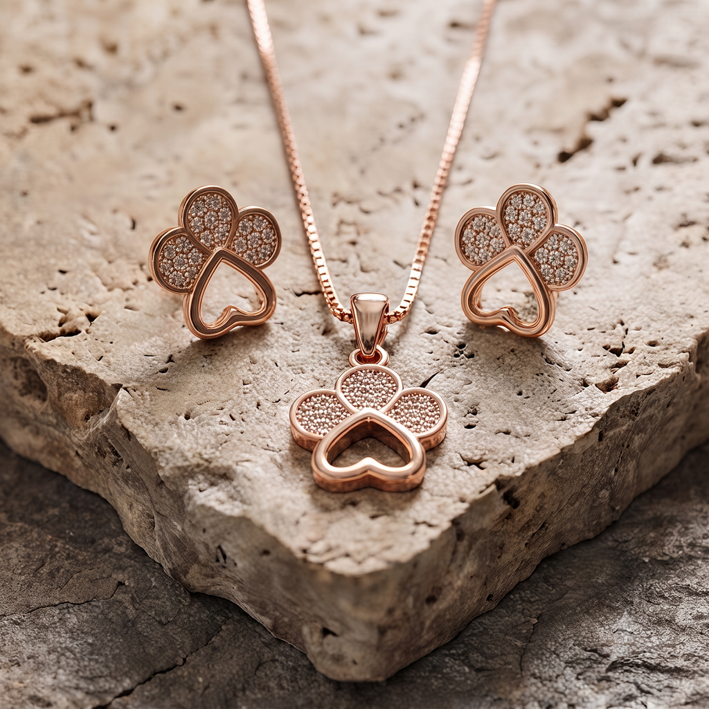 Rose Gold Heart & Clover Necklace & Earrings Set