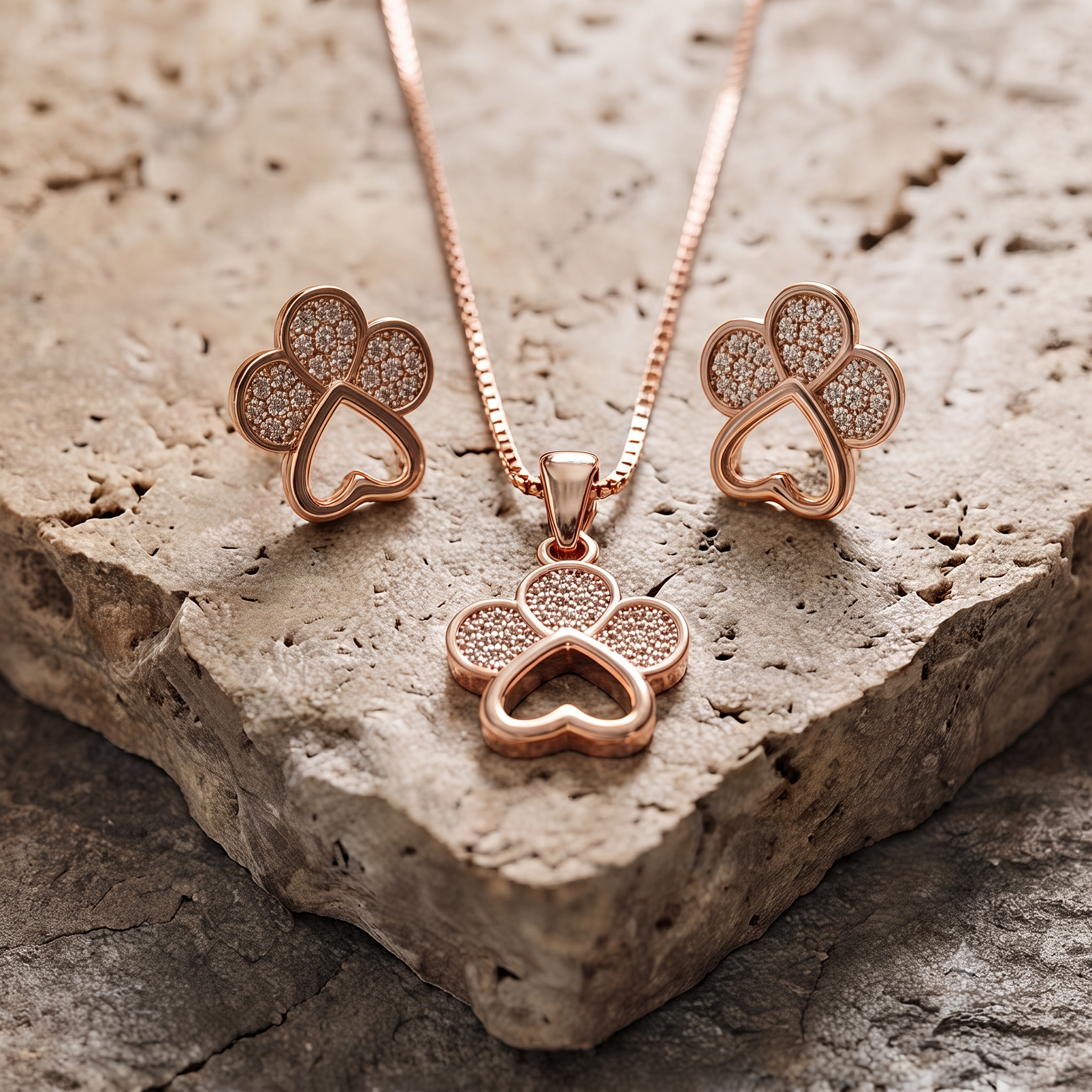 Rose Gold Heart & Clover Necklace & Earrings Set