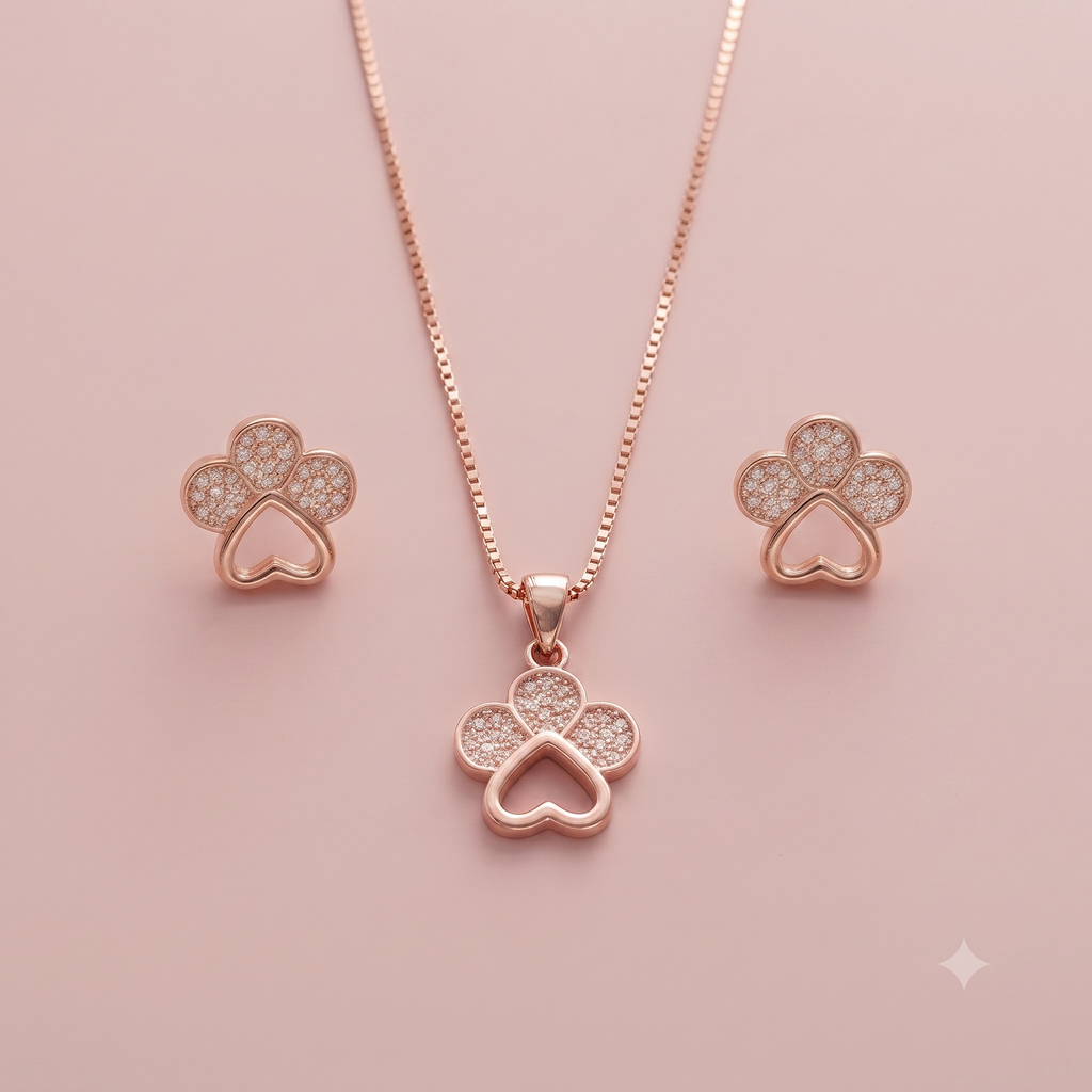 Rose Gold Heart & Clover Necklace & Earrings Set
