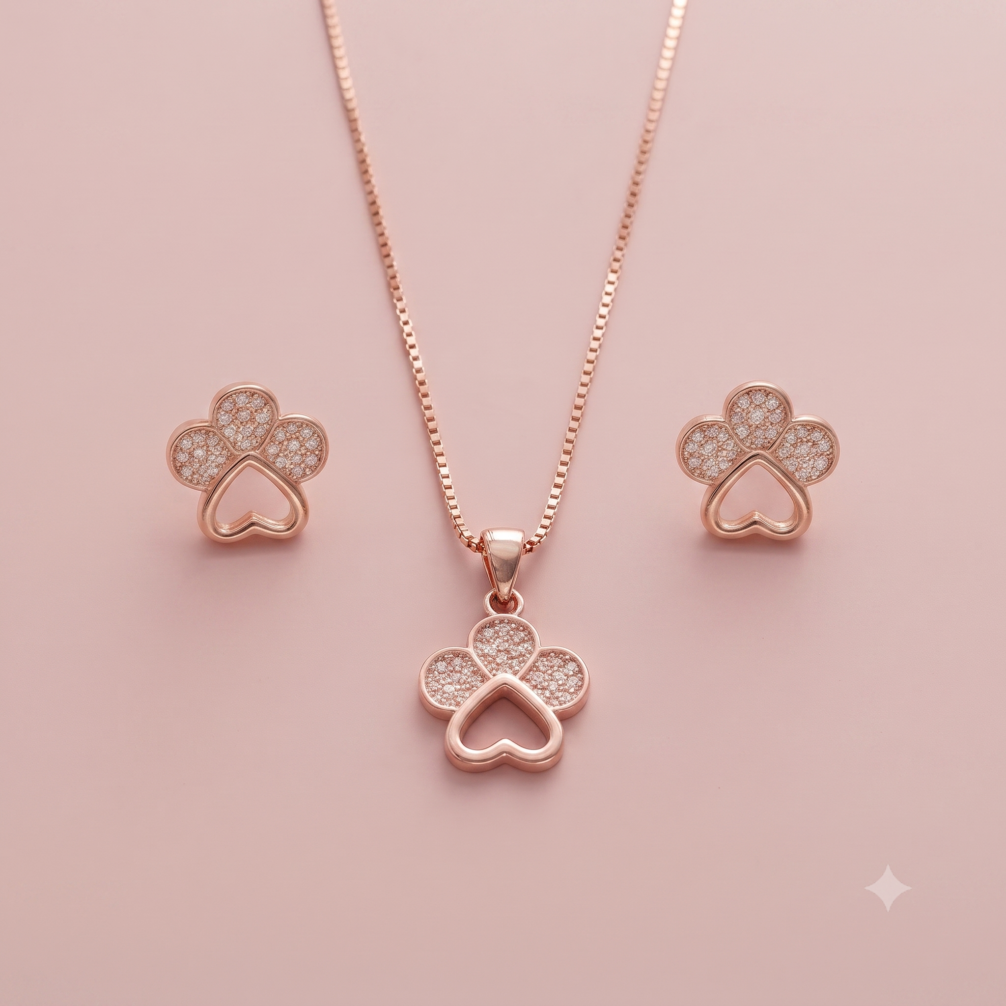 Rose Gold Heart & Clover Necklace & Earrings Set