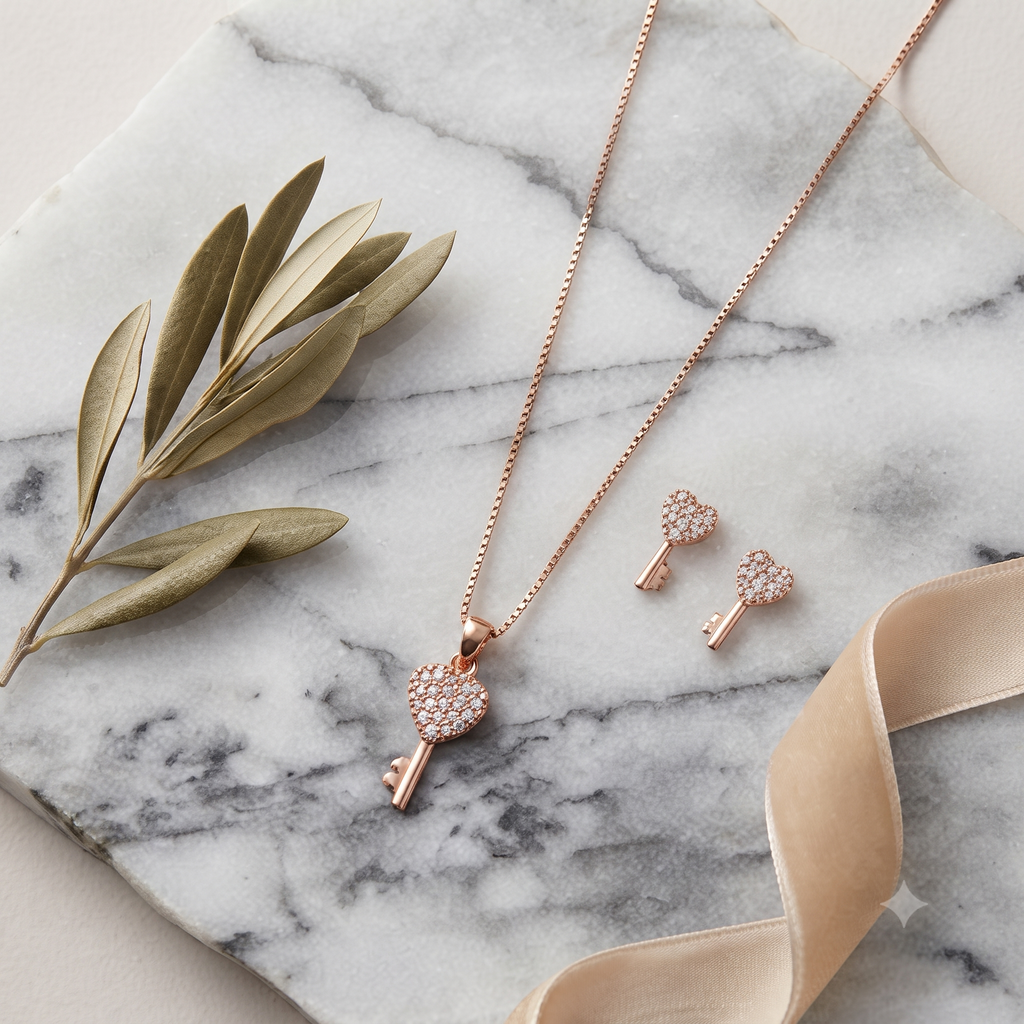 Rose Gold Heart Key Jewelry Set