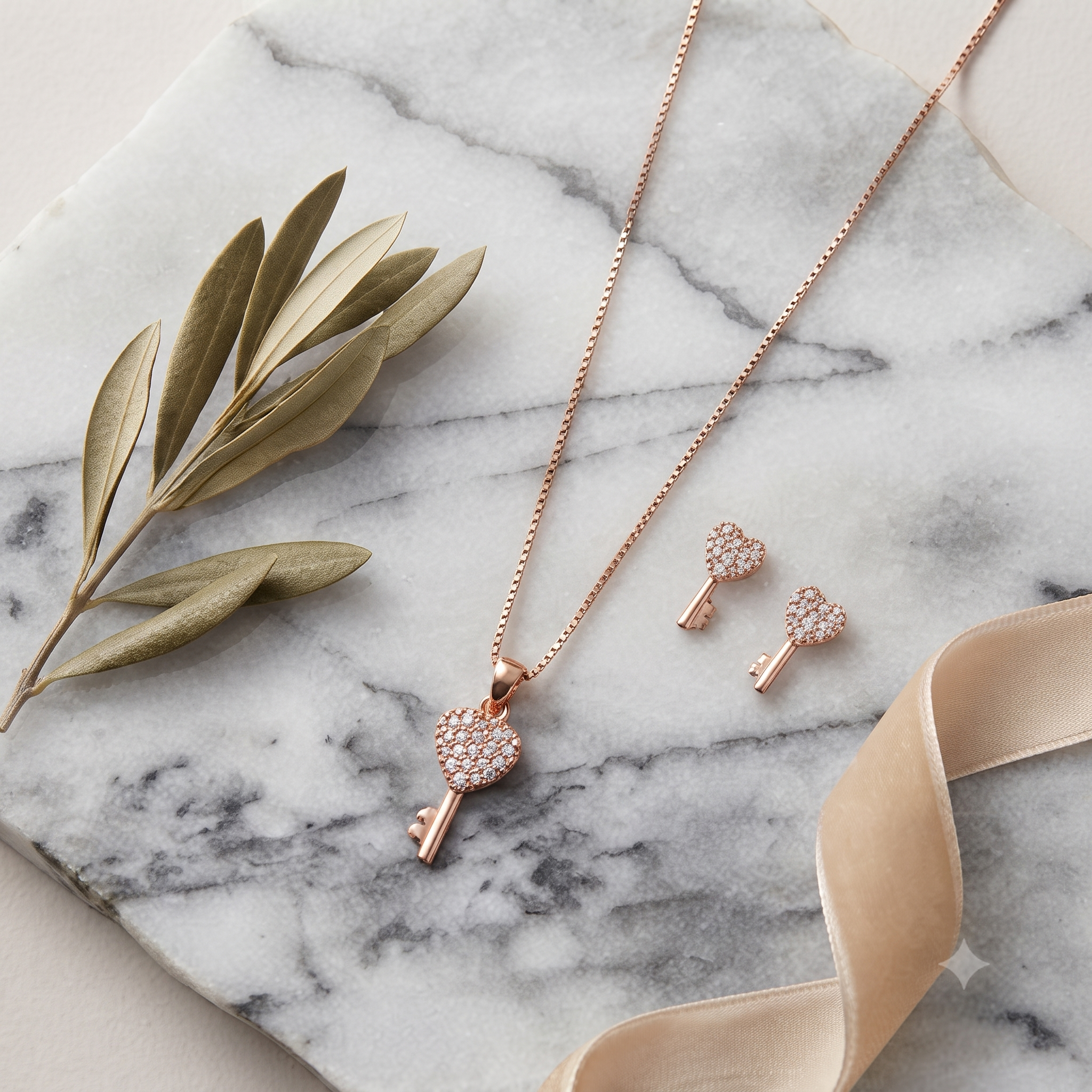 Rose Gold Heart Key Jewelry Set