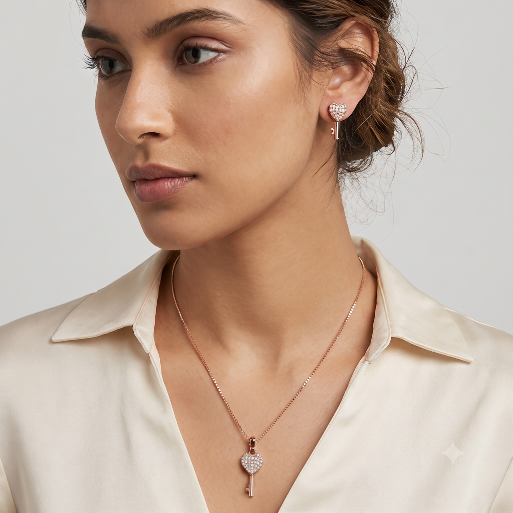 Rose Gold Heart Key Jewelry Set