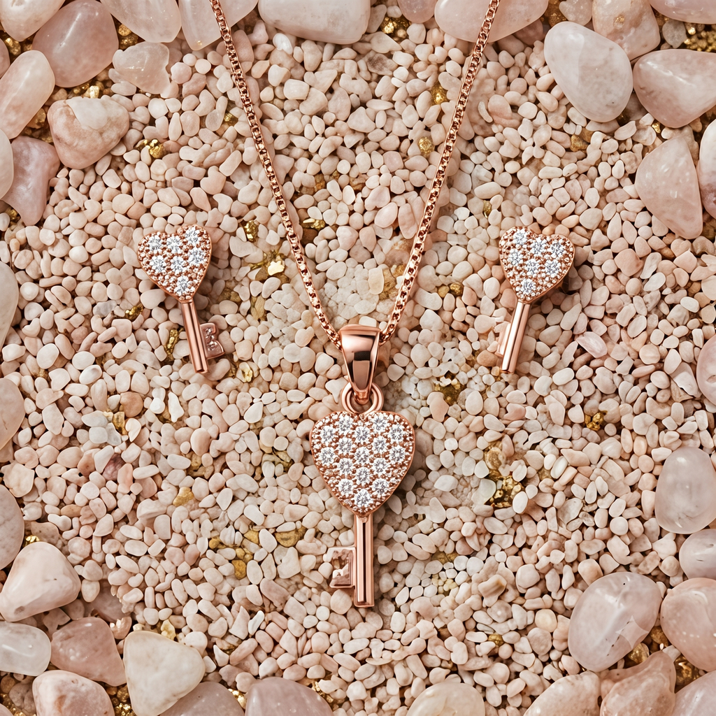 Rose Gold Heart Key Jewelry Set