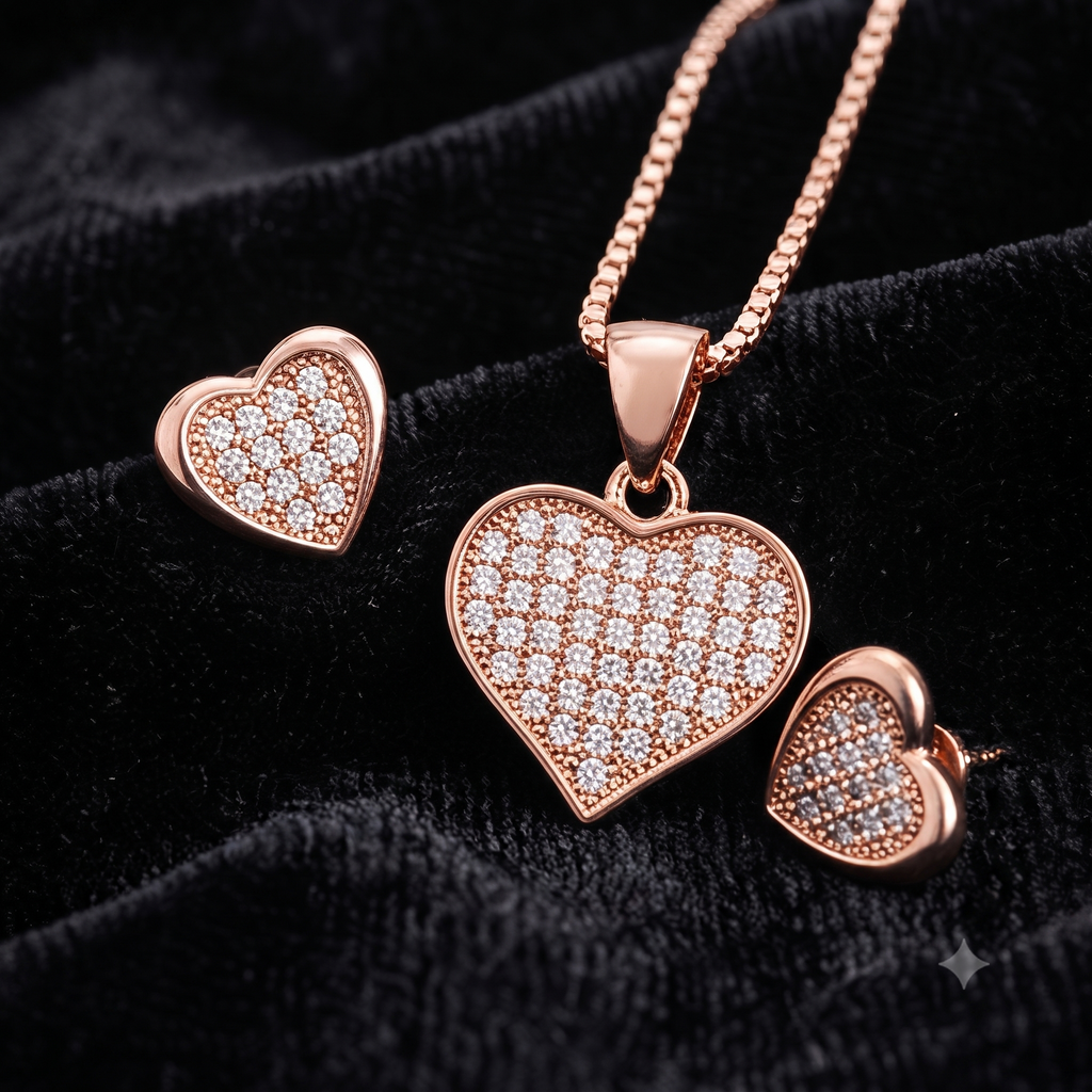 Rose Gold Heart Stone‑Studded Pendant Set
