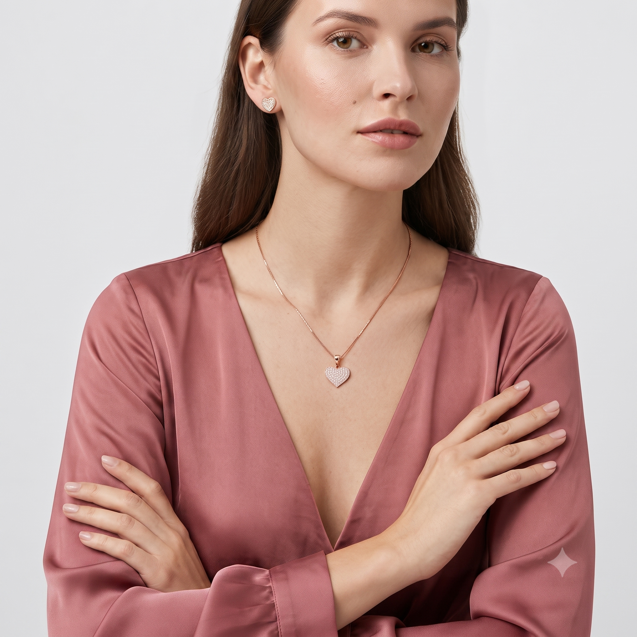 Rose Gold Heart Stone‑Studded Pendant Set