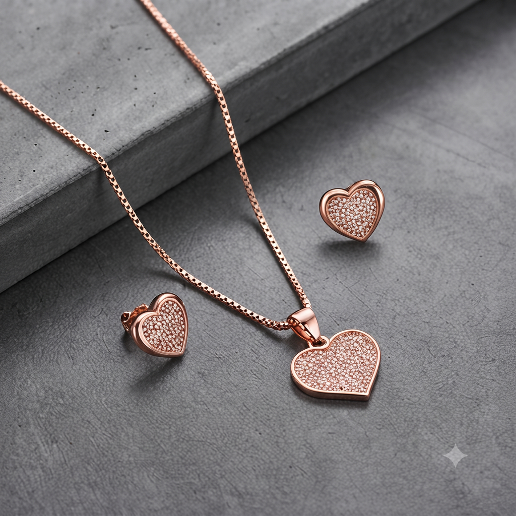 Rose Gold Heart Stone‑Studded Pendant Set