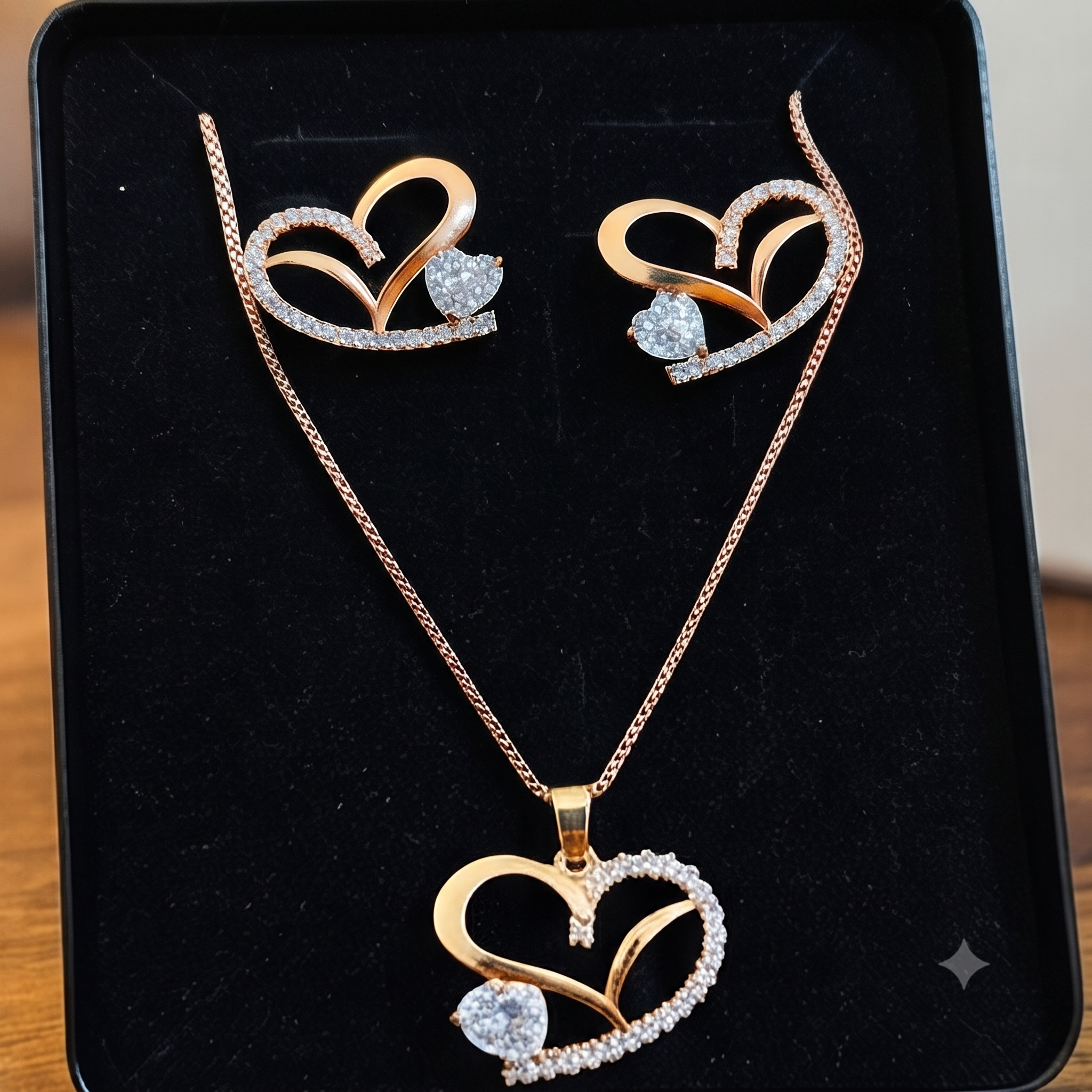 ROSE GOLD HEART STONE STUDDED PENDANT SET