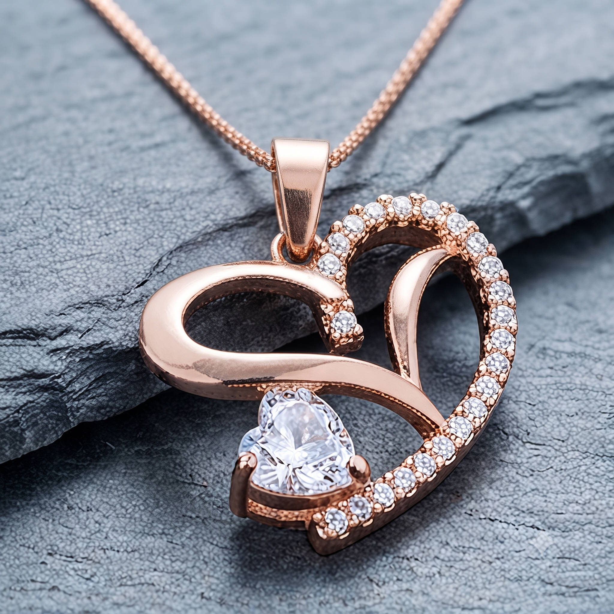 ROSE GOLD HEART STONE STUDDED PENDANT SET