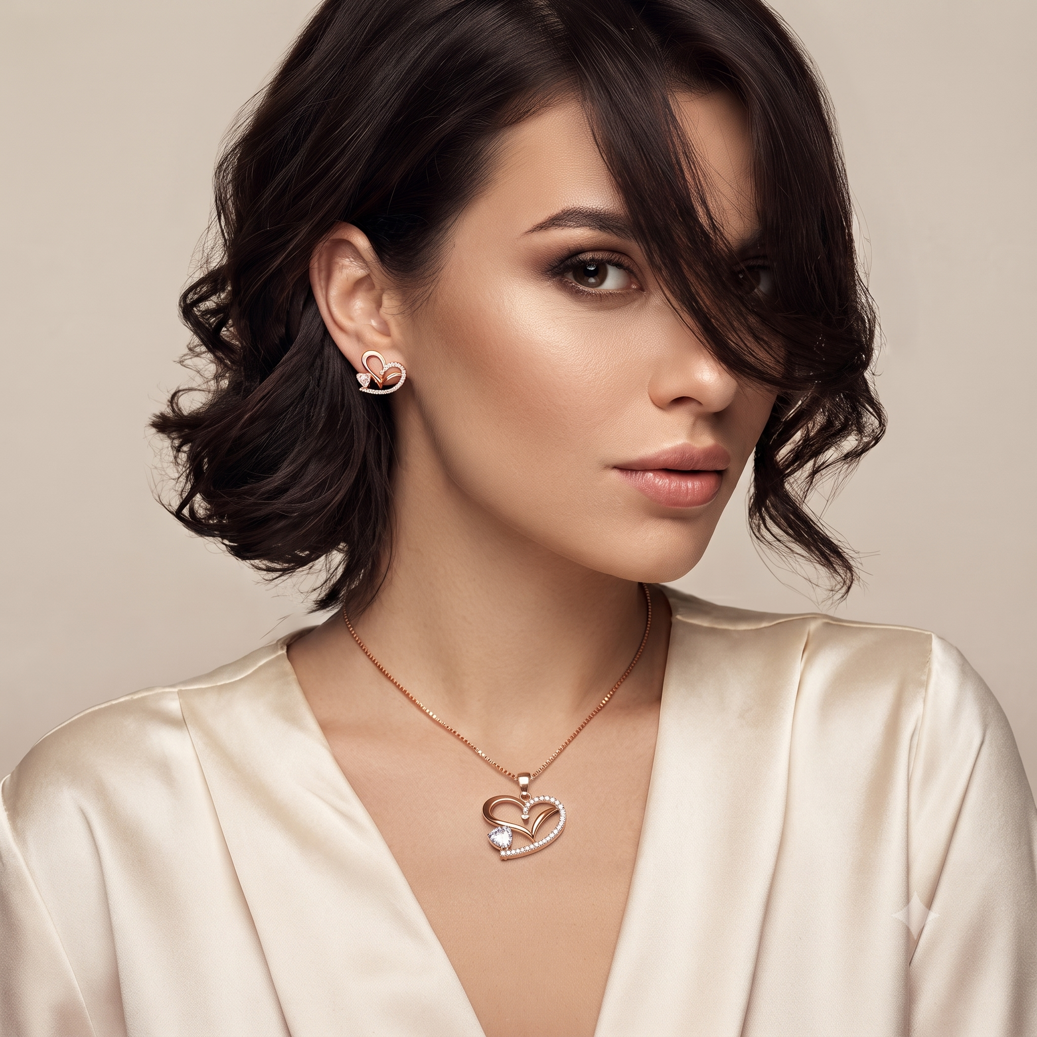 ROSE GOLD HEART STONE STUDDED PENDANT SET