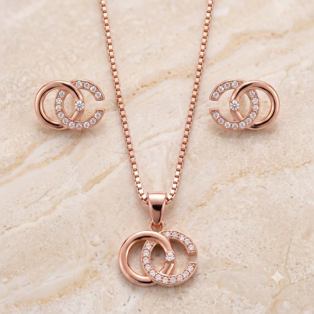 Rose Gold Interlocking Circles Necklace & Earrings Set