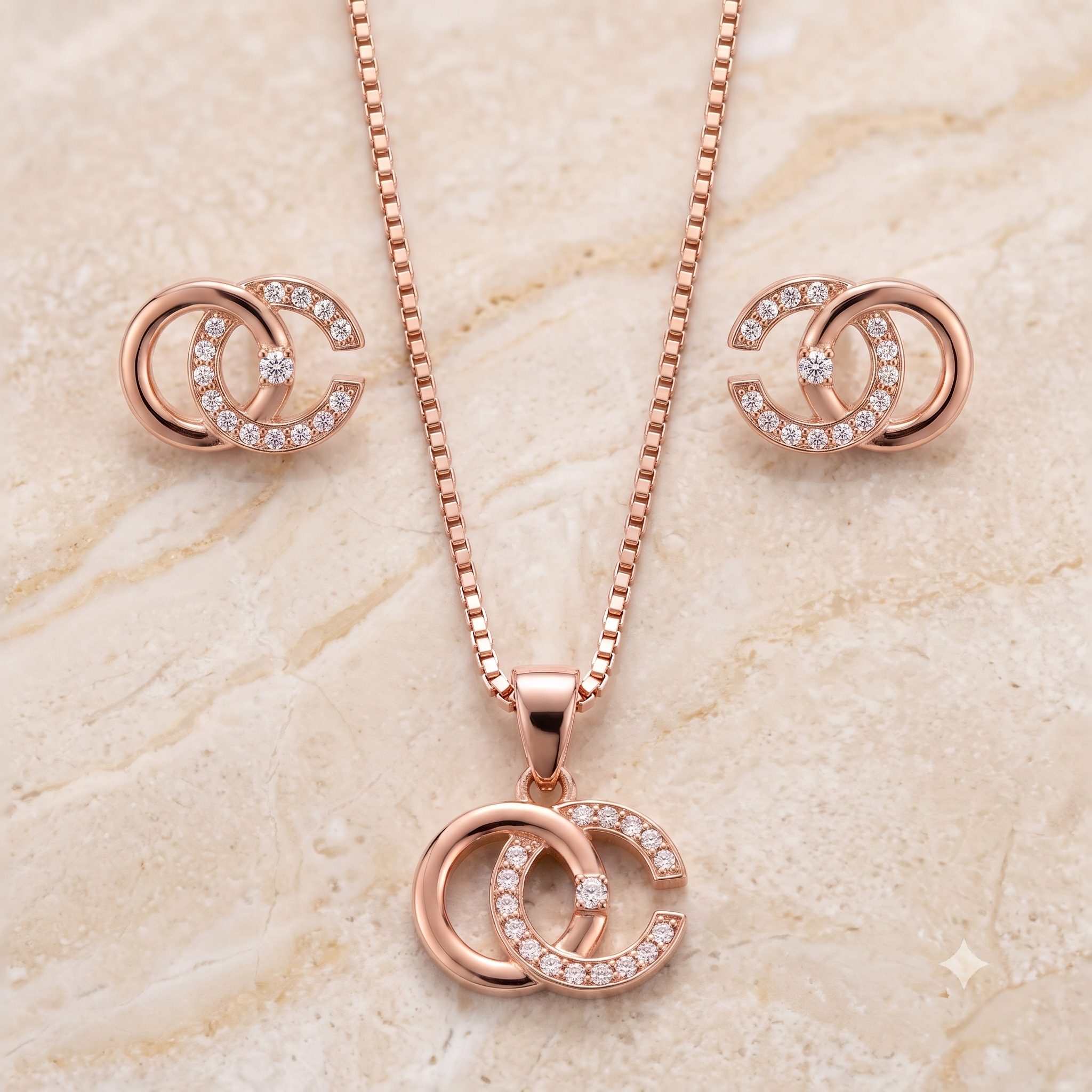 Rose Gold Interlocking Circles Necklace & Earrings Set