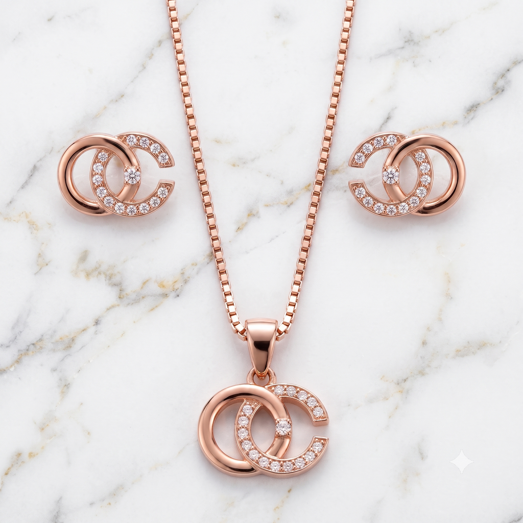 Rose Gold Interlocking Circles Necklace & Earrings Set