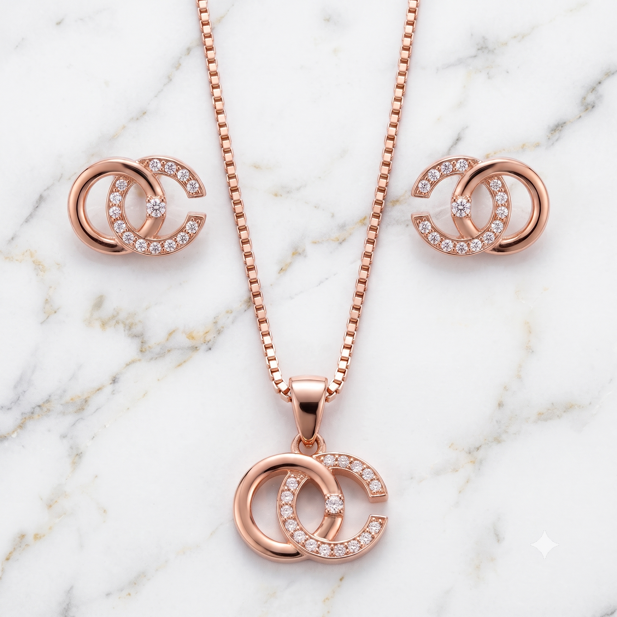 Rose Gold Interlocking Circles Necklace & Earrings Set