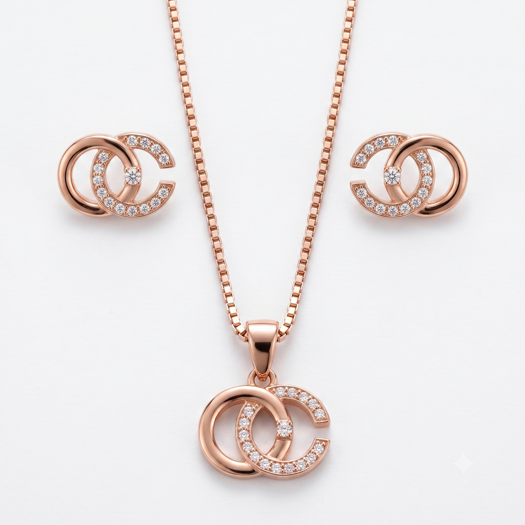 Rose Gold Interlocking Circles Necklace & Earrings Set