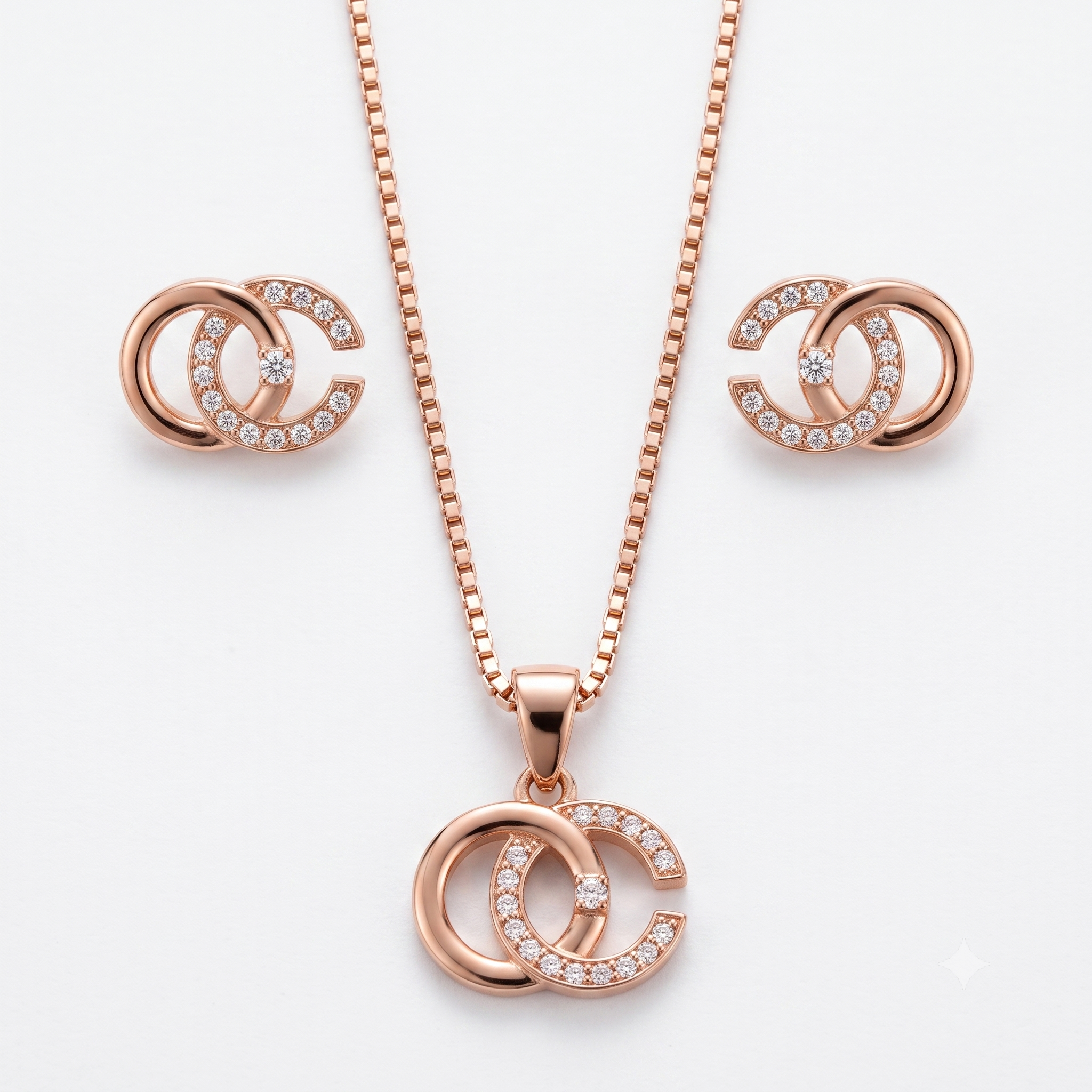 Rose Gold Interlocking Circles Necklace & Earrings Set