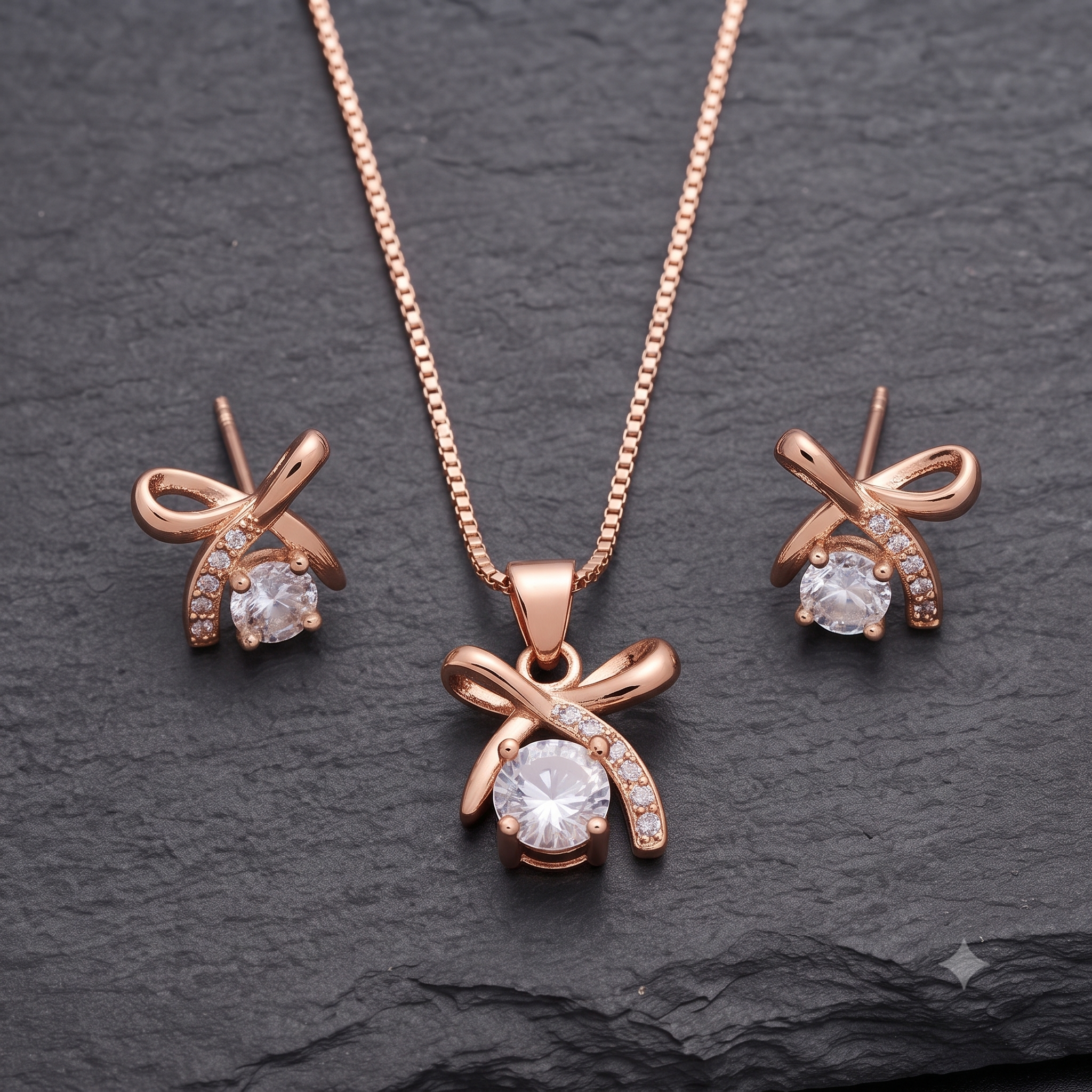 Sweet Ribbon Bow Rose Gold Jewelry Set