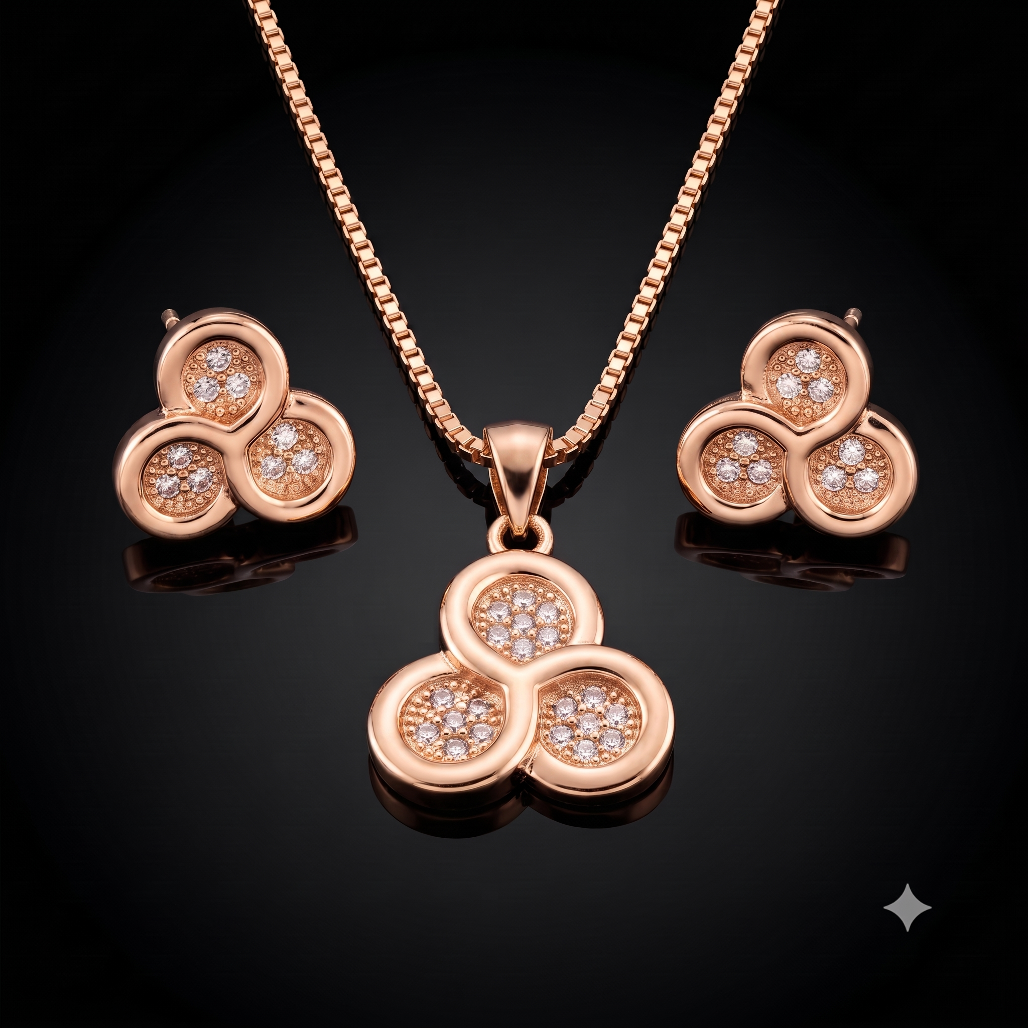 Rose Gold Triple Halo Necklace & Earrings Set