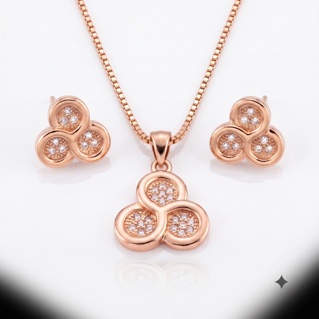 Rose Gold Triple Halo Necklace & Earrings Set