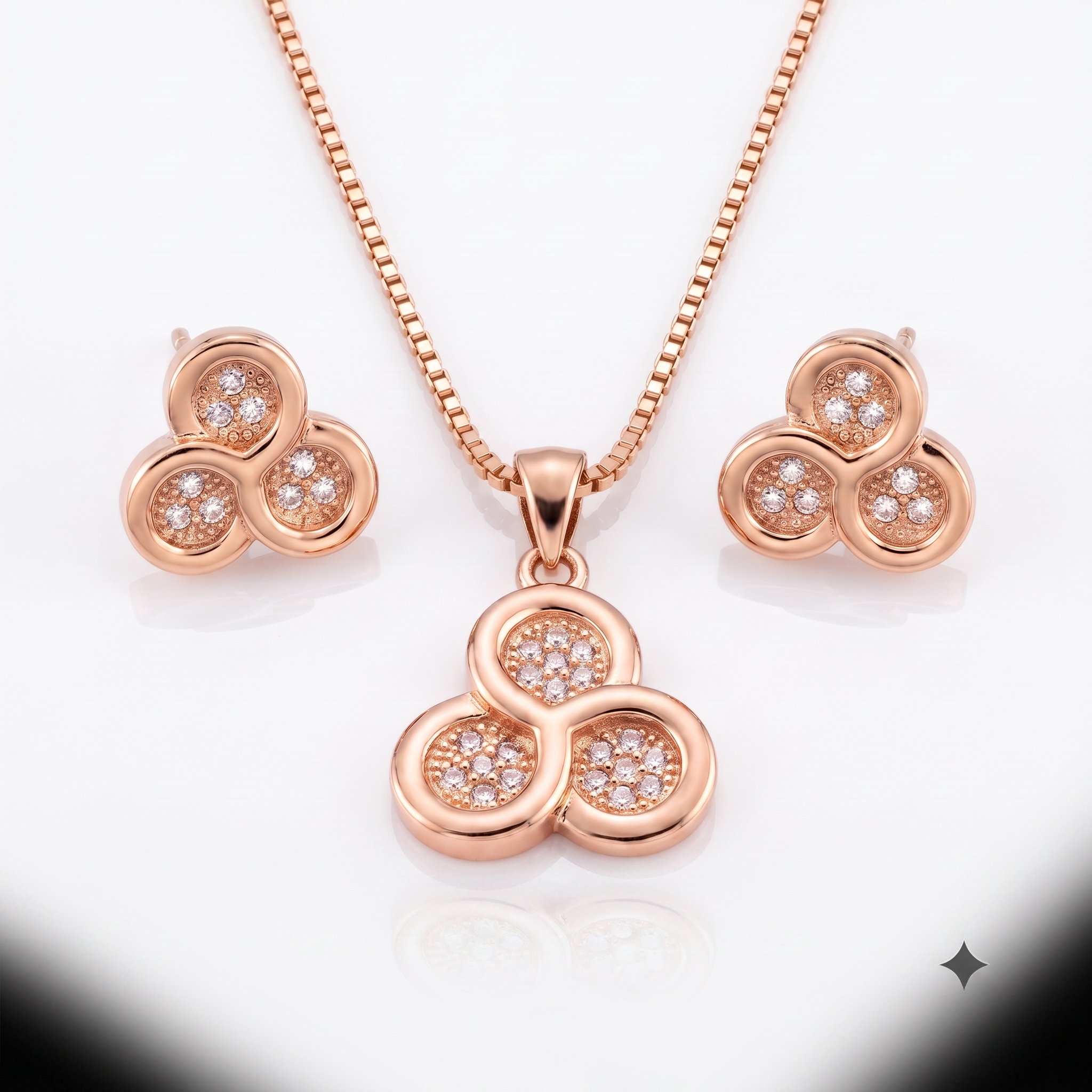 Rose Gold Triple Halo Necklace & Earrings Set
