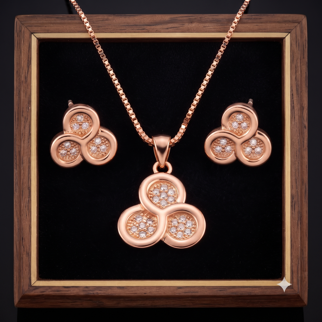 Rose Gold Triple Halo Necklace & Earrings Set