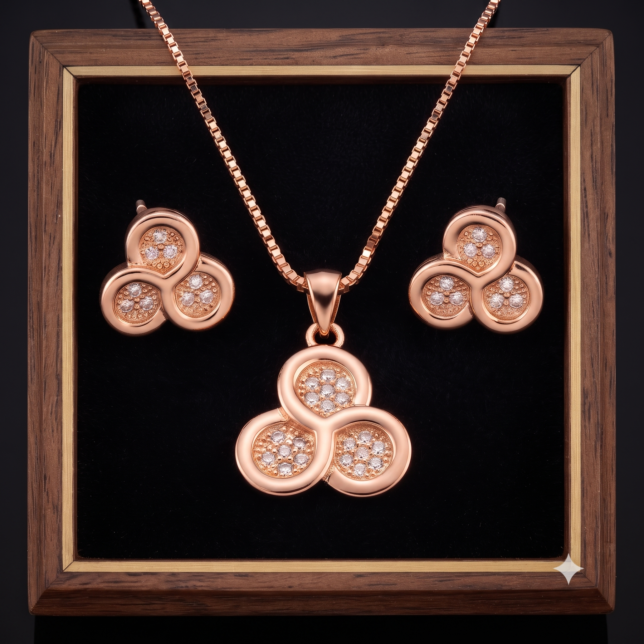 Rose Gold Triple Halo Necklace & Earrings Set