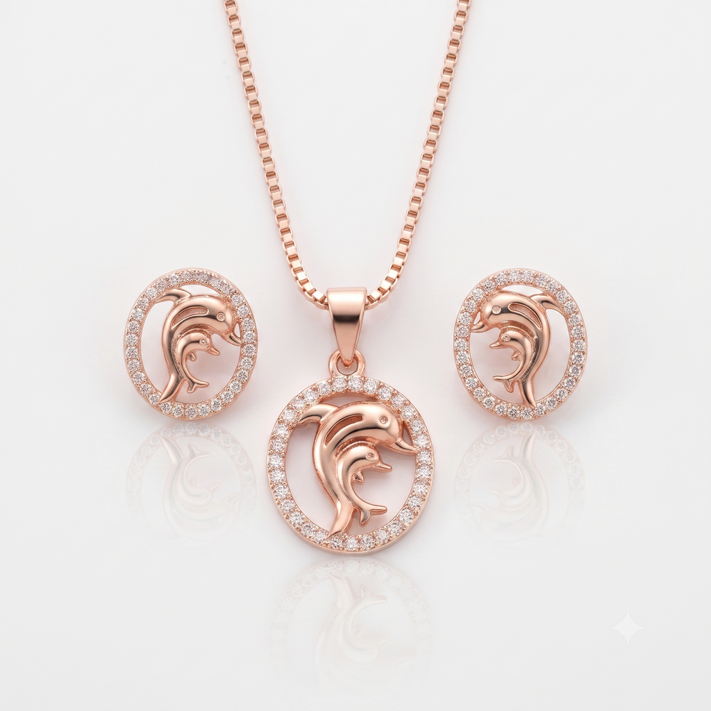 Rose Gold Dolphin Necklace & Earrings Set
