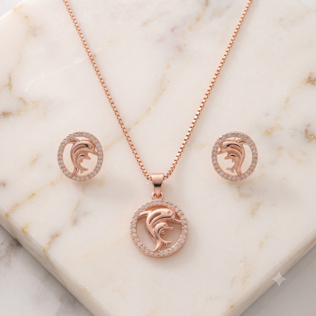 Rose Gold Dolphin Necklace & Earrings Set