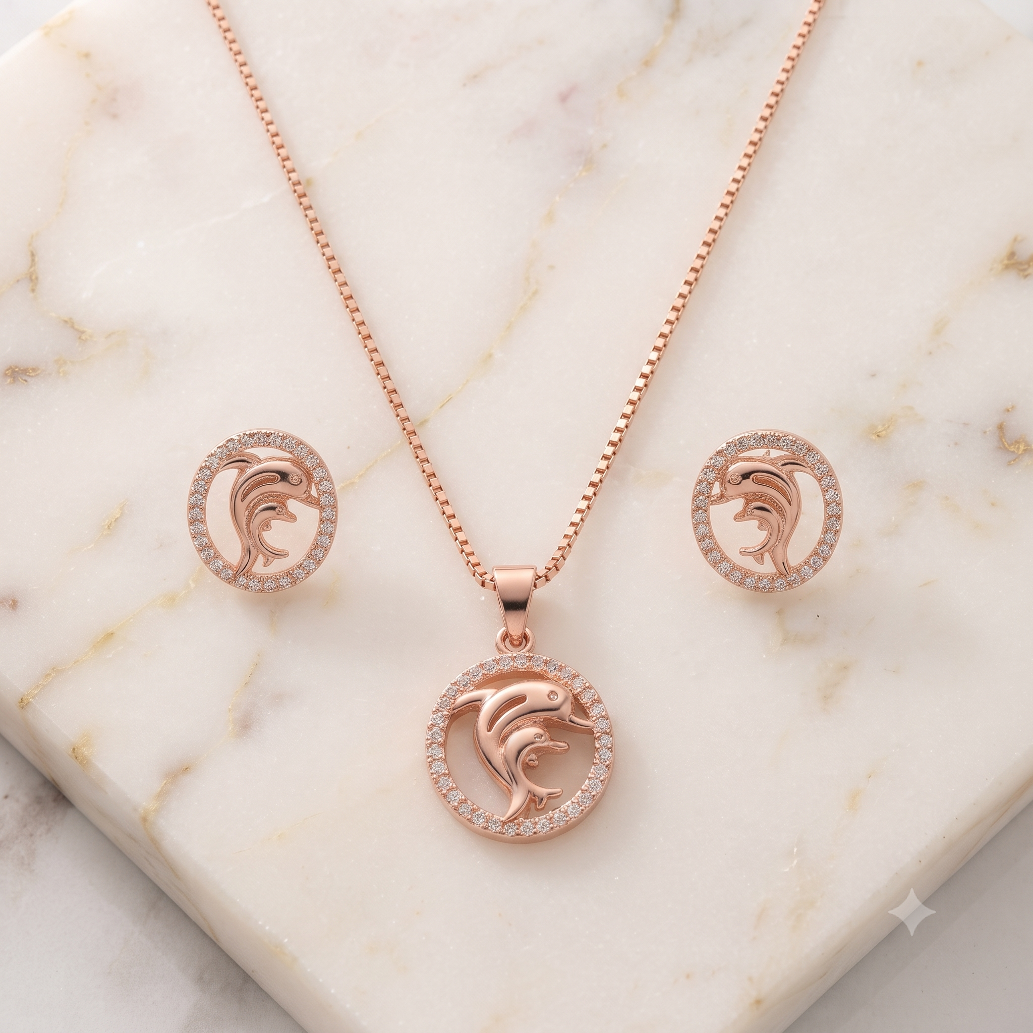 Rose Gold Dolphin Necklace & Earrings Set