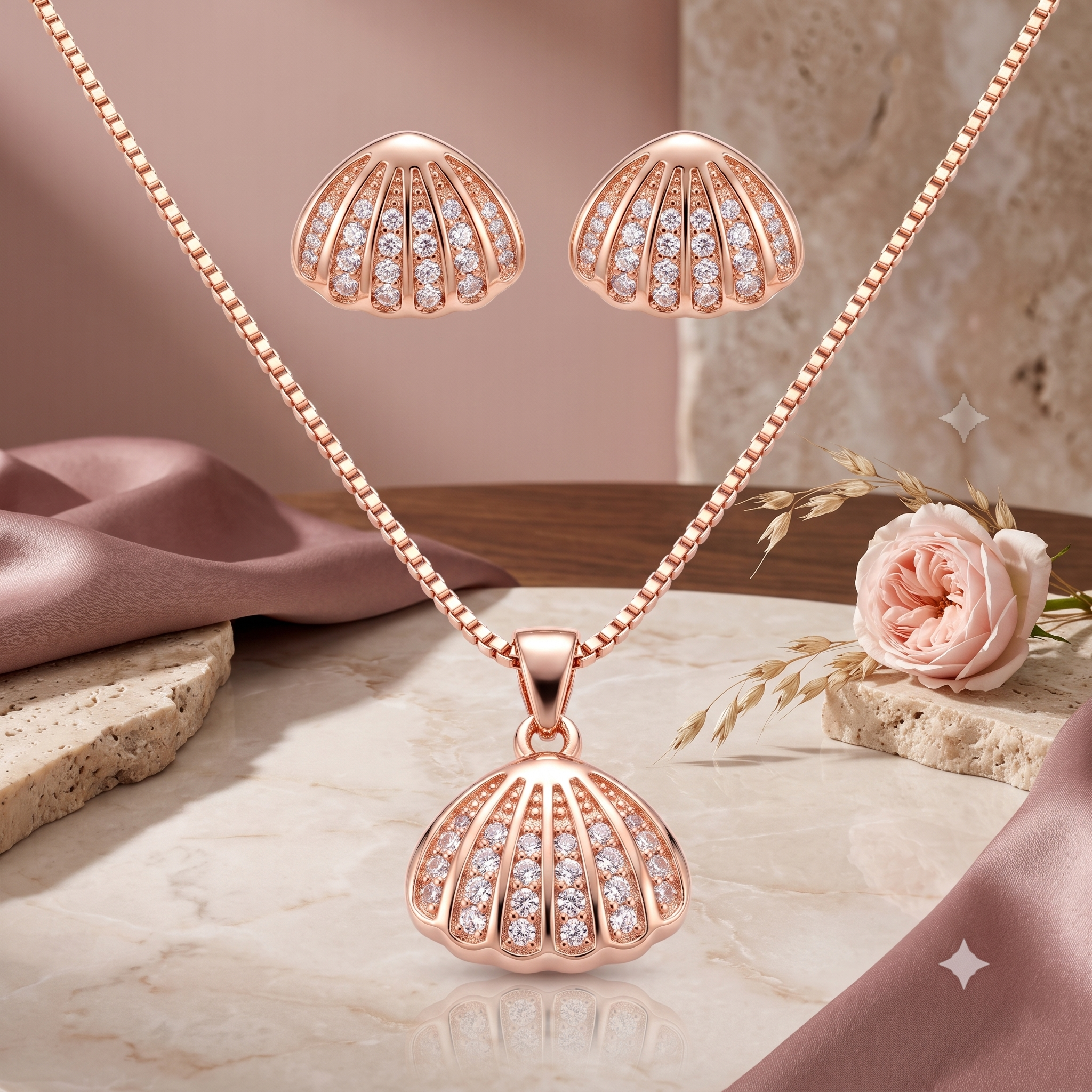 Rose Gold Seashell Necklace & Earrings Set