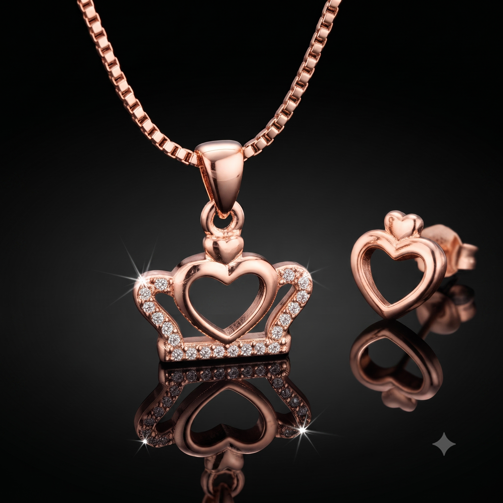 Rose Gold Heart Crown Necklace & Earrings Set