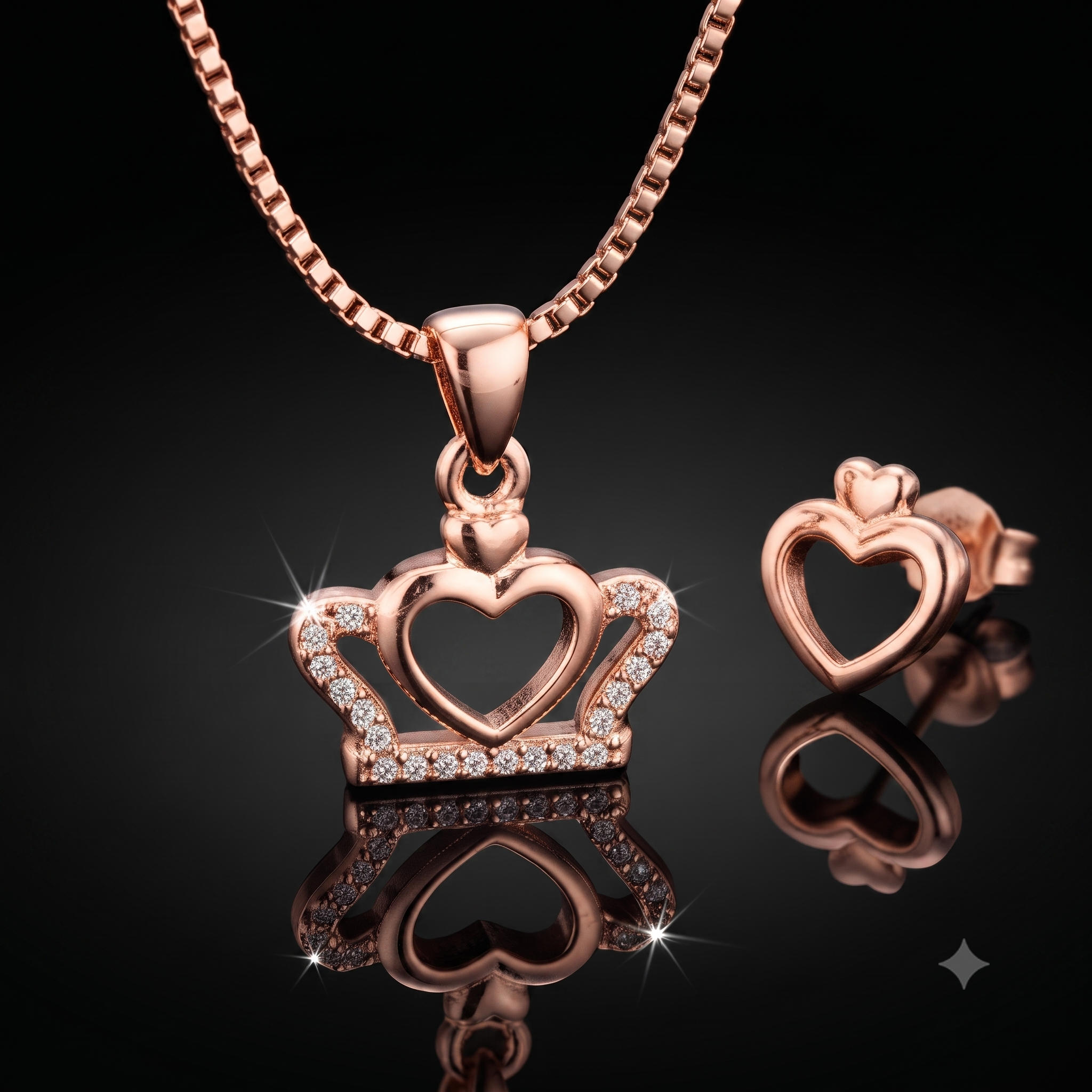 Rose Gold Heart Crown Necklace & Earrings Set